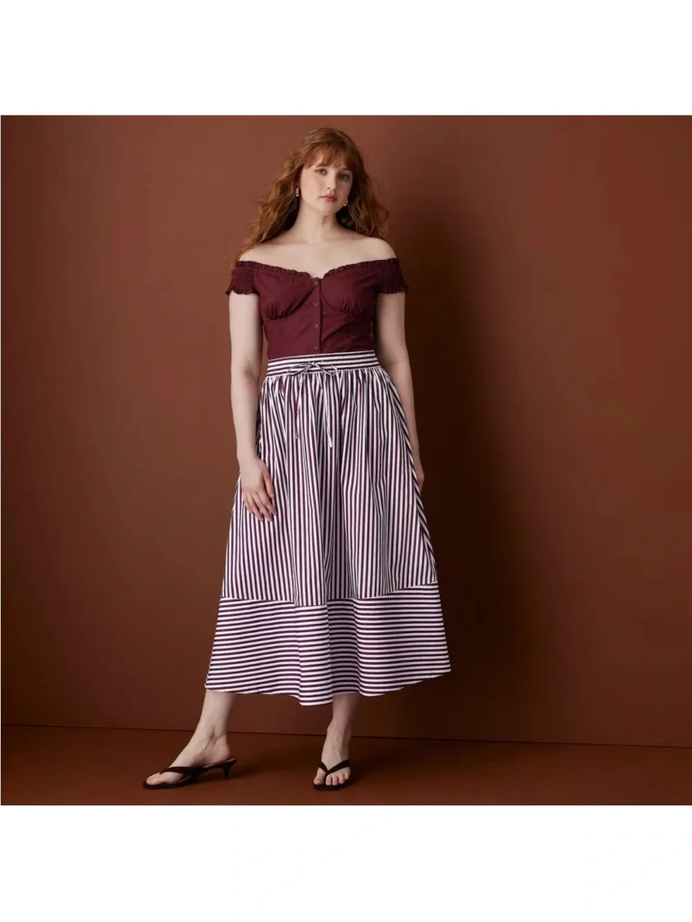 Women Drawstring Poplin Striped Full Midi Skirt - Rosie Assoulin Burgundy